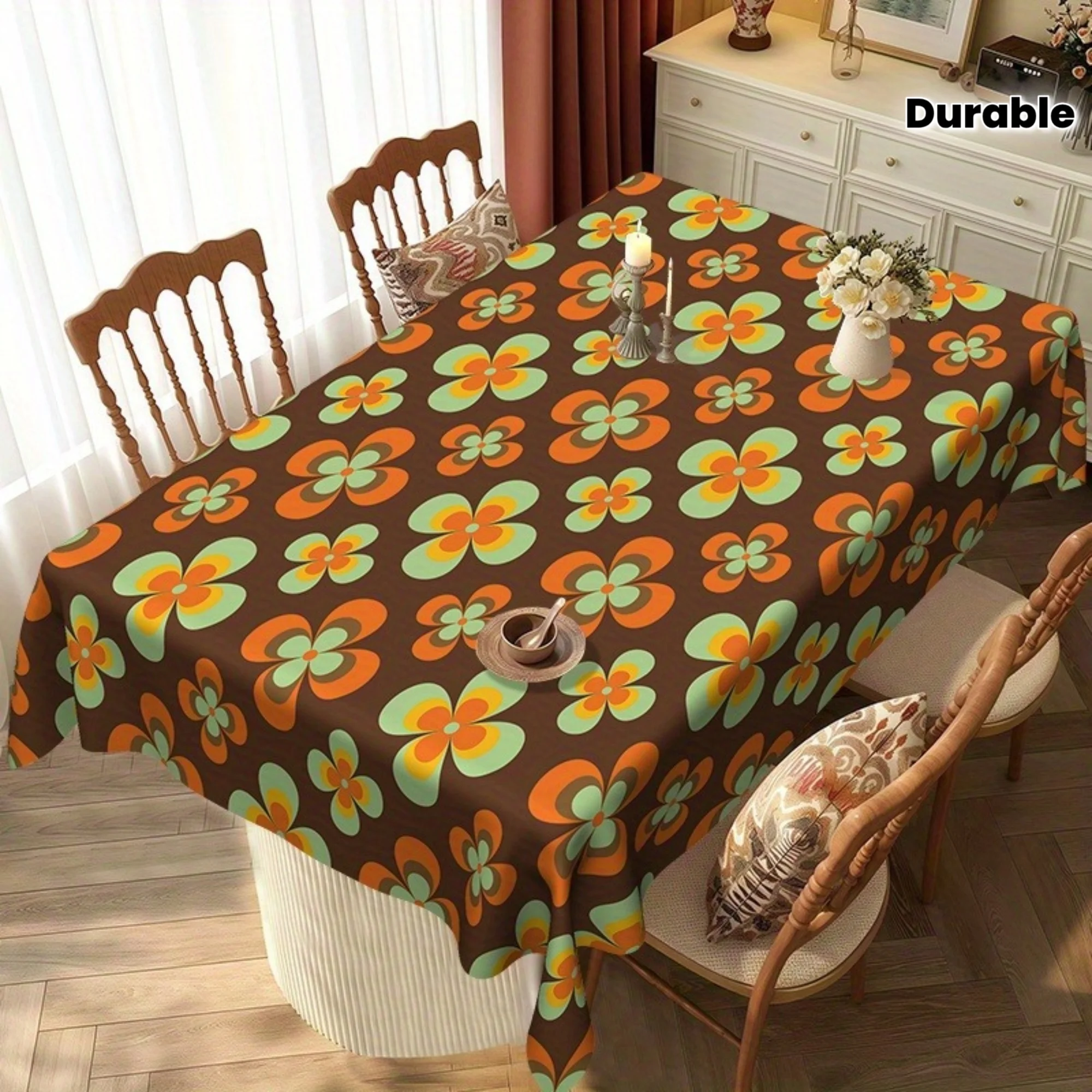 【2D】Tablecovers 1pc Retro Floral Polyester Tablecloth - Orange and Green Contrasting Colors yzb