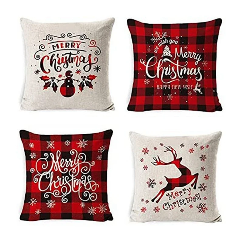 Decorações de Natal Capas de Almofada de Natal 18 X 18 Polegadas Conjunto de 4 - Capa de Almofada de Série de Natal Branco e Vermelho