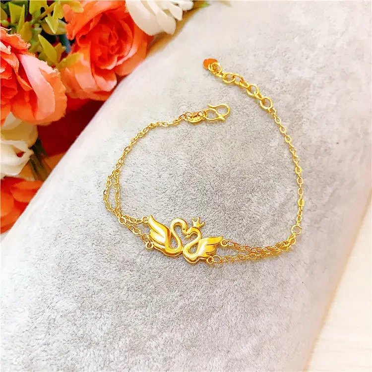 100% Real Copper 24K Gold Plated 18K Fine Bracelet Women's Simple and Beautiful Female Currency Love Swan Valentine's Day Gift