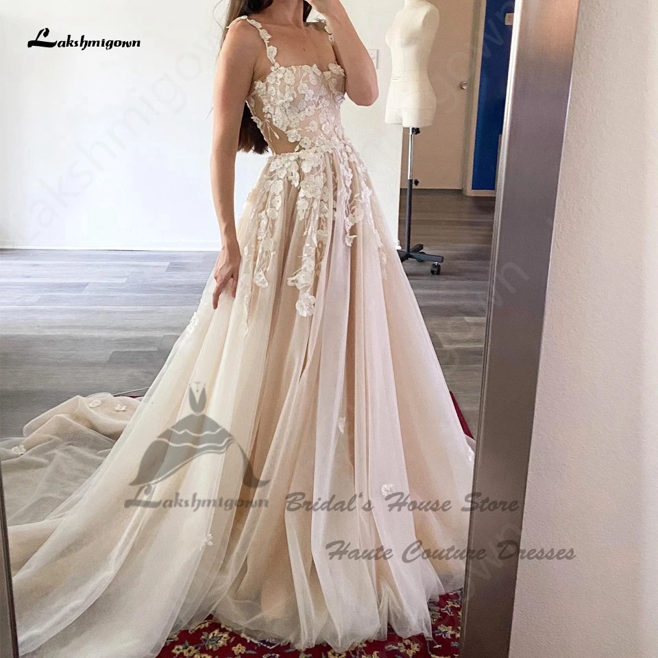 Lakshmigown หรูหราลูกไม้ดอกไม้ Boho ชุดแต่งงาน2023 Vestidos Civil เจ้าสาวสีชมพู Beach Gowns แต่งงาน Corset Lace Up กลับ