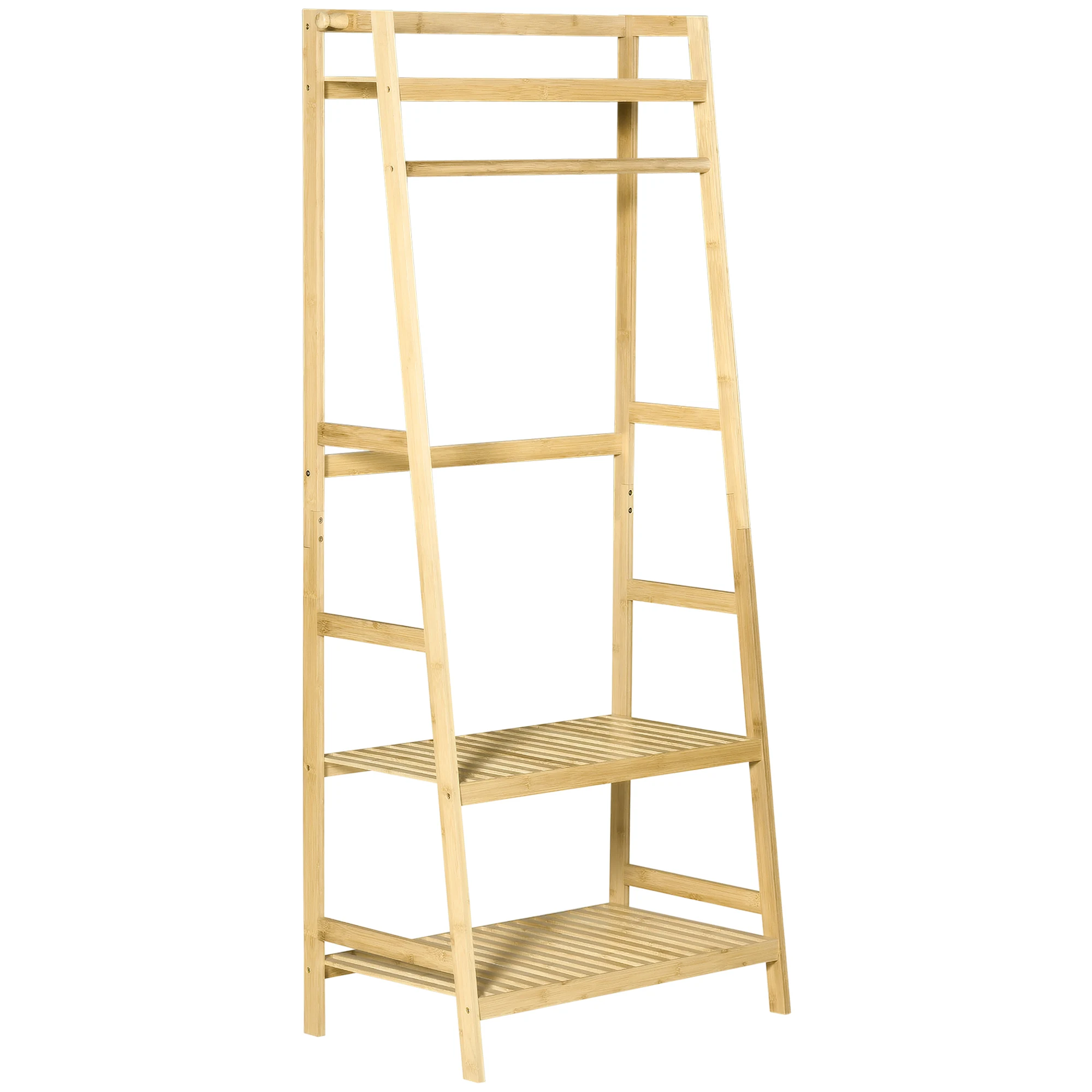 HOMCOM Bamboo Stand Rack 3-tier Trapezoidal Rack with Bar and Side Hanger for Clothes Bags for Bedroom Wall Bags 70x42x164 cm Natural