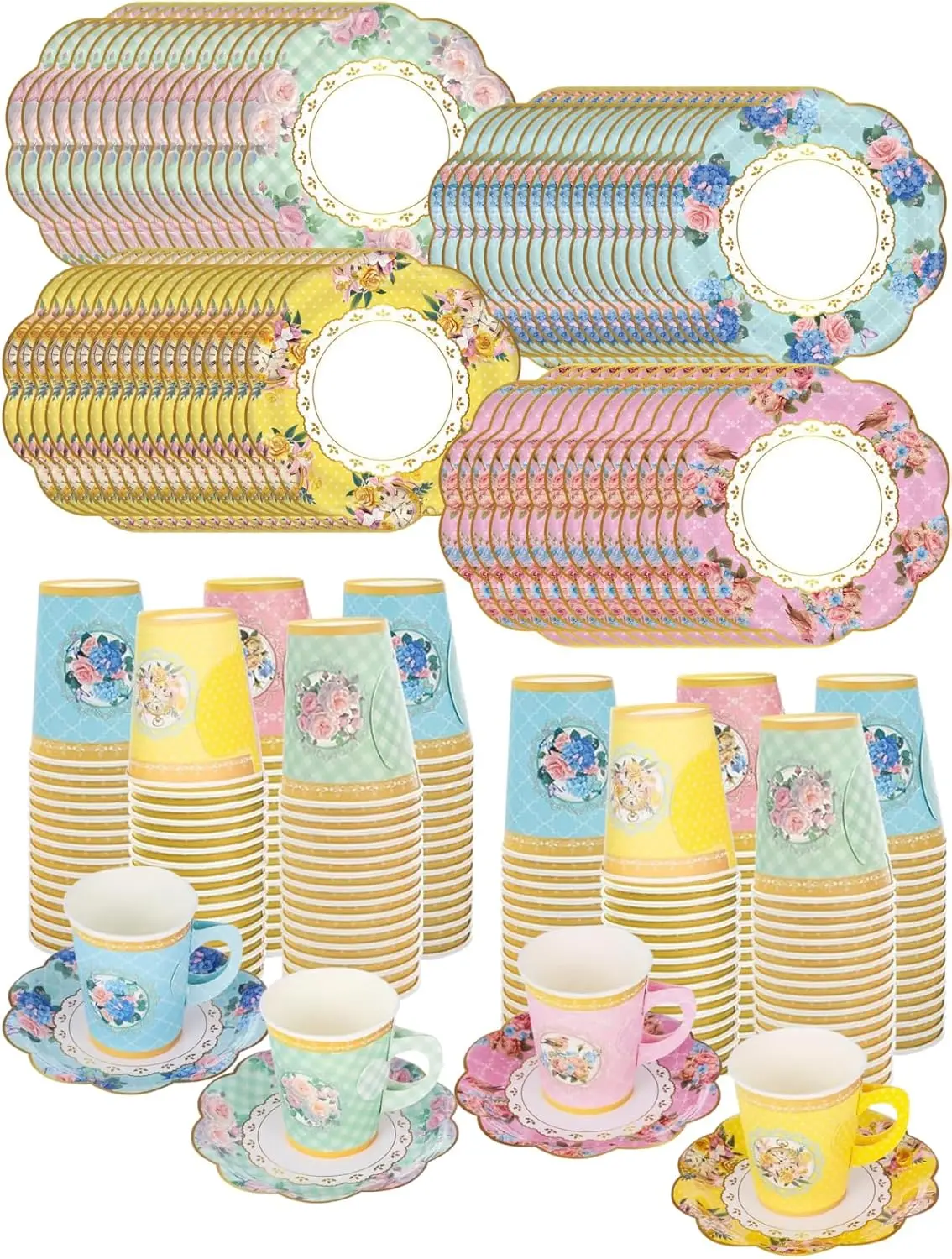 

128pcs Floral Paper Tea Cups with Handle & Saucers Set, 64 Sets Disposable Tea Cup Saucer Set for Cold & Hot Drinks Serv