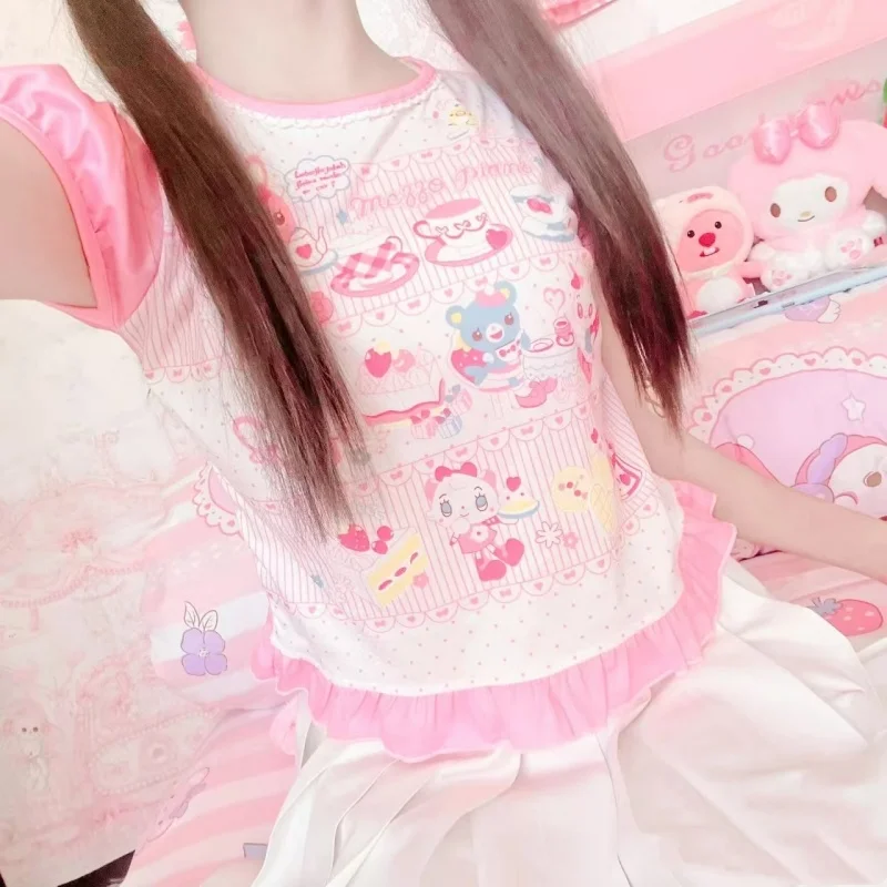 Japońska dziewczyna odzież damska śliczne krótkie t-shirty z nadrukiem kobiece letnie kolorowe krótkie topy Kawaii Pulover młodzieńskie ubrania y2k