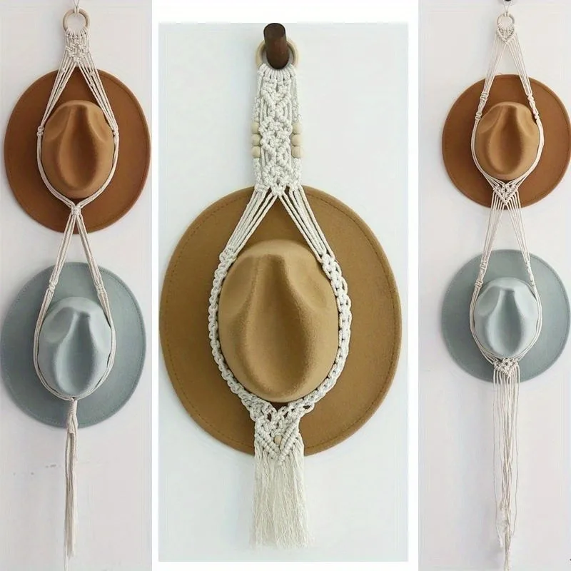 1Pc Nordic Style Hand Woven Hat Storage Rack Creative Multi-layer Living Room Bedroom Wall Hanging Hat Tassel Wall Hanging Rope