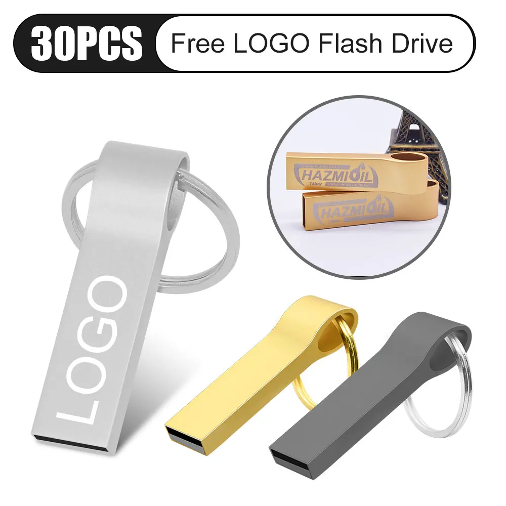 محرك أقراص فضي مقاوم للماء مع حلقة ، عصا ذاكرة ، محركات أقراص فلاش USB معدنية ، 8 جيجابايت ، 16 جيجابايت ، 32 جيجابايت ، 64 جيجابايت ، 30 لكل حصة