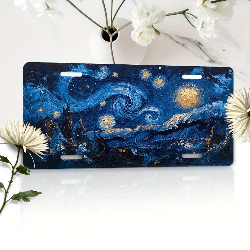 1pc 6x12 Inch Starry Night Aluminum Car License Plate - Vibrant Blue & Golden Swirl Design, Front Bumper Art for Classic & Moder