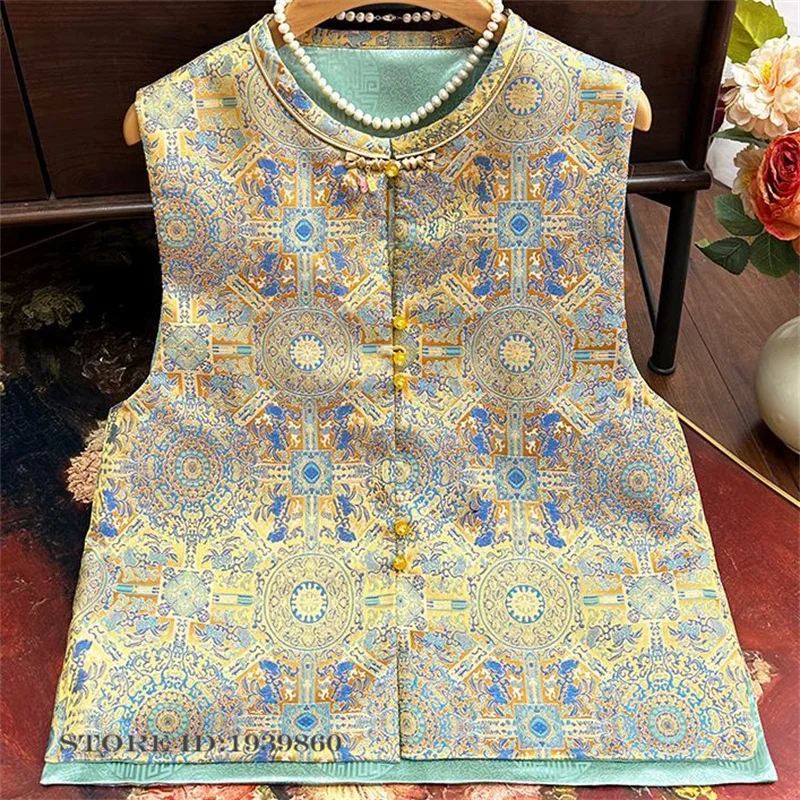 

Jacquard Women's Tops Tang Costume New Chinese Style Qipao Vest Spring Summer Sleeveless Jacket Vintage Buckle Waistcoat Outwear