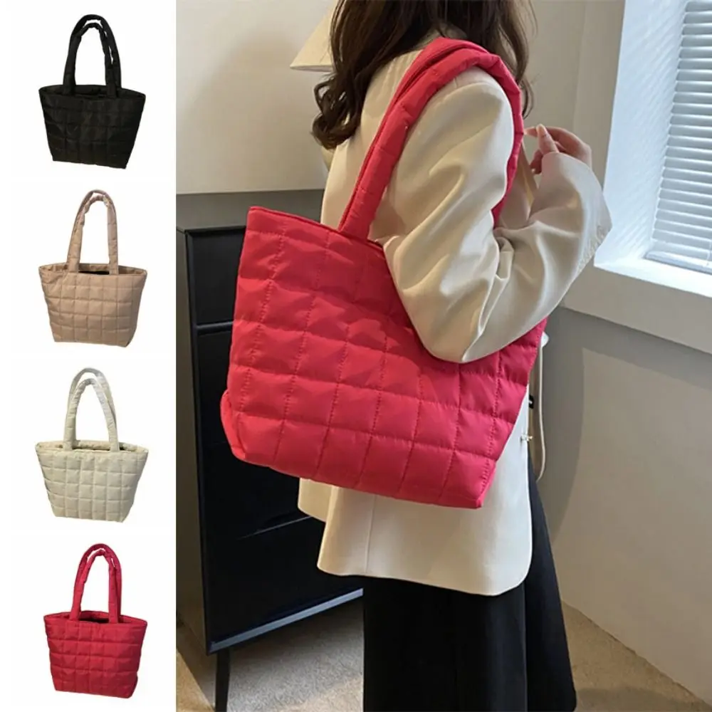 

Lattice Pattern Women's Shoulder Bag Solid Color Korean Style Casual Tote Bags Large Capacity Puffy Quilted Shopper Bag Travel