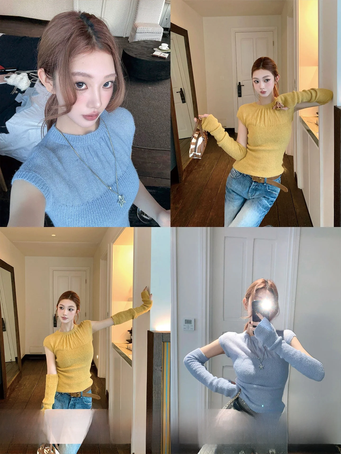 

Spring Morning Dew Drop Okaaay Women's Short Sleeve Knitted Sweater Casual Slim Fit round Neck Regular Length Inner Wear Top