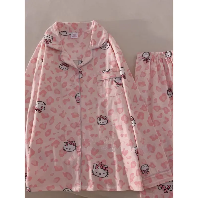 Cute Sanrio Hello Kitty Pink Pajamas Sets For Women Spring Autumn Long Sleeve Sleepwear Korean Fashion Home Wear Clothes Anime