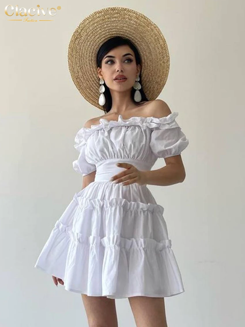 

Clacive Summer Slim White Cotton Women's Dress Sexy Slash Neck Short Sleeve Mini Dresses Elegant High Waist Pleated Female Dress