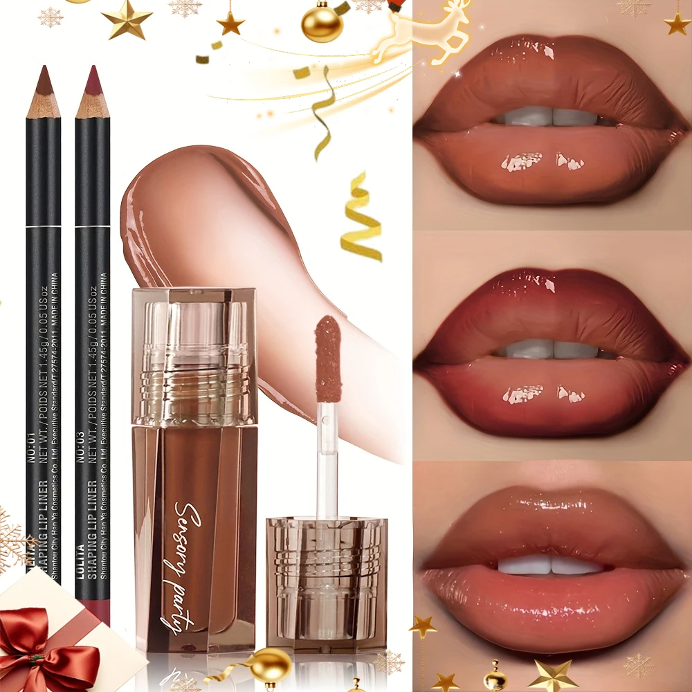 Conjunto de brilho labial e delineador labial hidratante e à prova d'água, copo antiaderente e antiaderente, efeito de maquiagem brilhante, presente de Natal