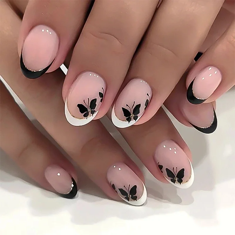 Deicate White Line Butterfly French Glitter Square Nail Art False Nails Detachable Finished Fake Nails Press on Nails with Glue