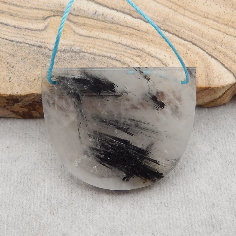 

Natural Gemstone Black Rutilated Quartz Trendy Double Holes Pendant Bead Necklace Accessories 29x23x3mm 5g
