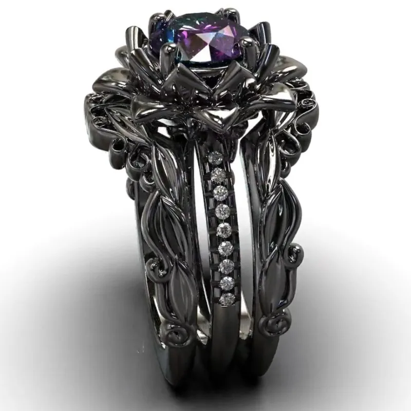 Bestselling Gun Black Three-piece Ring Set, Rose Inlaid Zircon Band, Elegant Fashion Stackable Finger Jewelry for Women Daily