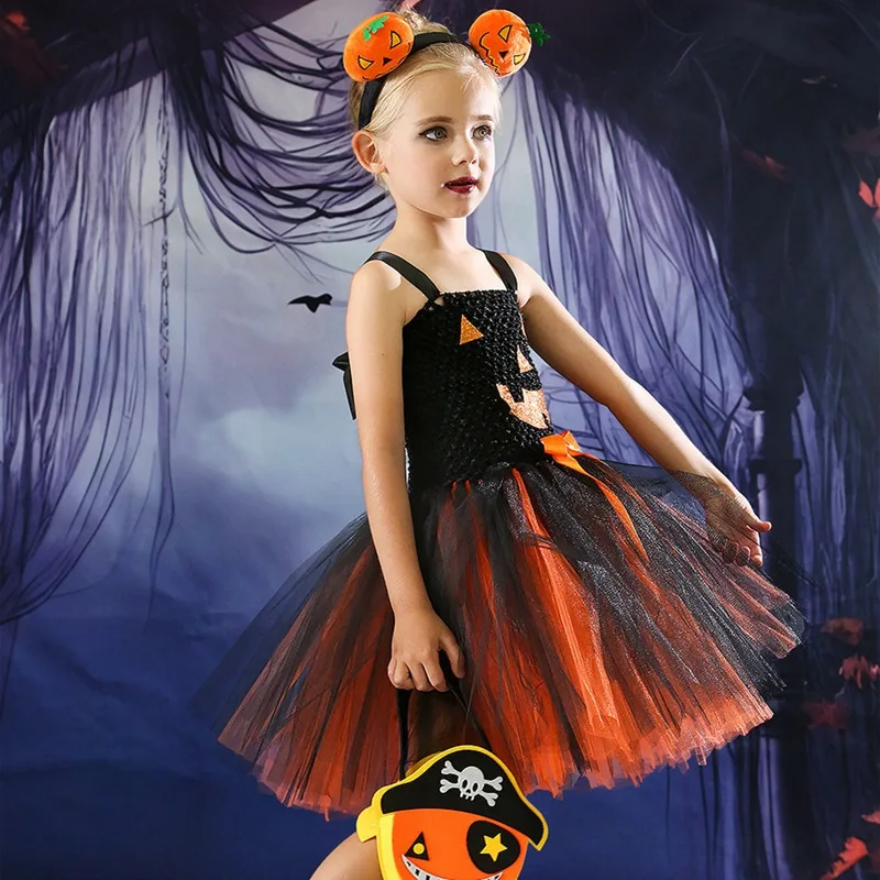 Zestaw ubrań dla dziewczynek śliczna Halloweenowa sukienka w kształcie dyni księżniczka Tutu Halloween dziecięca moda Cosplay strój występ na scenie