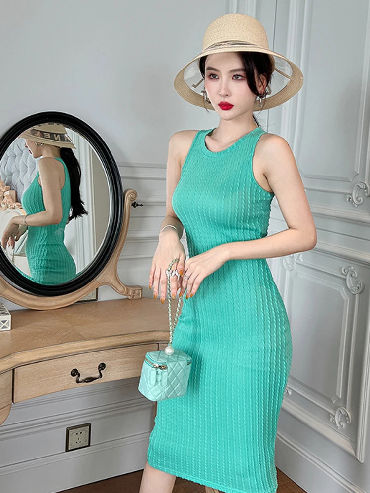 Women's Casual Sexy Basic Dress Lady Elegant Green Knit Tank Vest Bodycon Robe Femme Bottom Holiday Vestidos Daily Wear Vacation