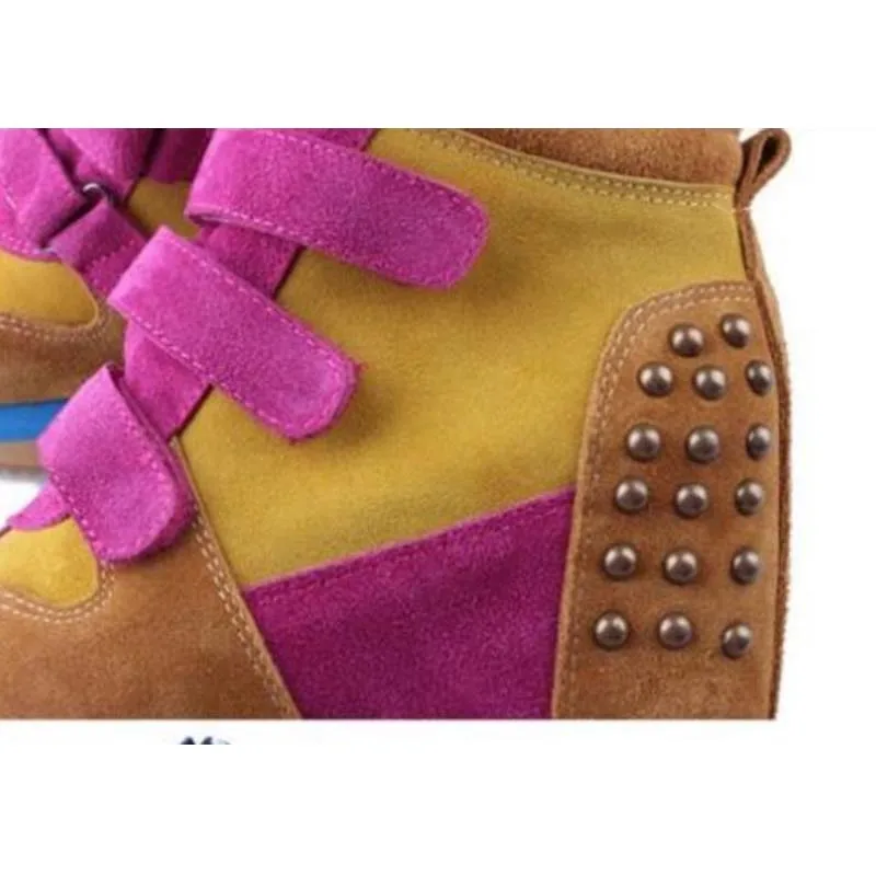 fashion women comfortable Genuine Leather platform wedges high top casual shoes elevator vintage rivets Patchwork woman Sneakers