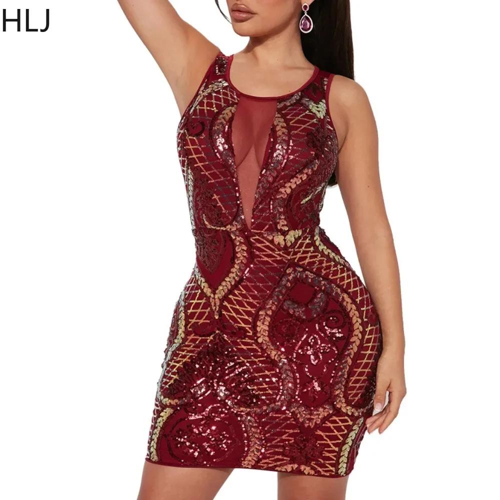 

HLJ Fashion Sequin Mesh Perspective Bodycon Party Club Mini Dresses Women Round Neck Sleeveless Slim Vestidos Female Clothing