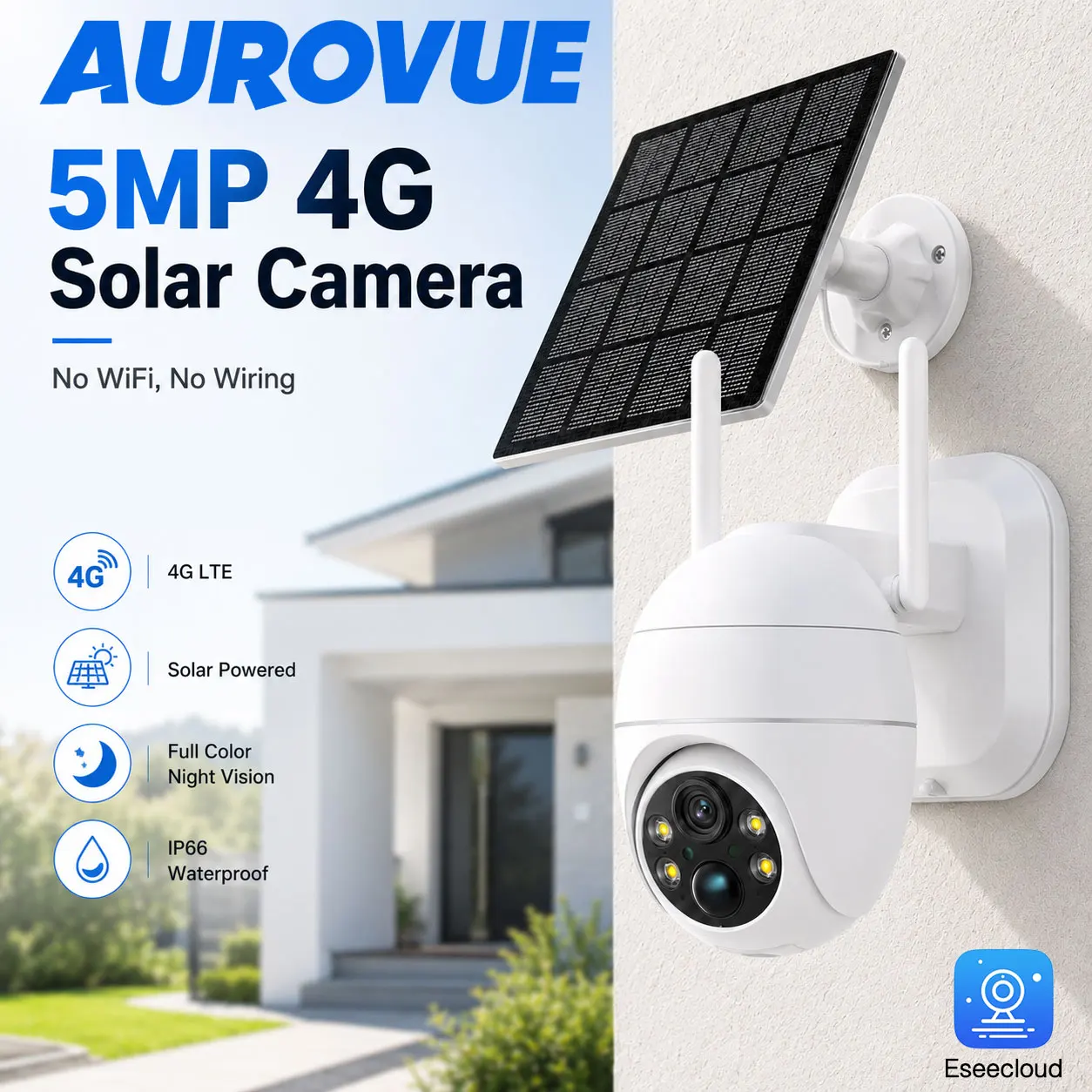 

5MP 4G Solar Security Camera Outdoor PTZ Camera Full Color Night Vision IP66 Waterproof PIR Motion Detection Auto Tracking Two Way Audio No WiFi Needed Home Security Surveillance Camera
