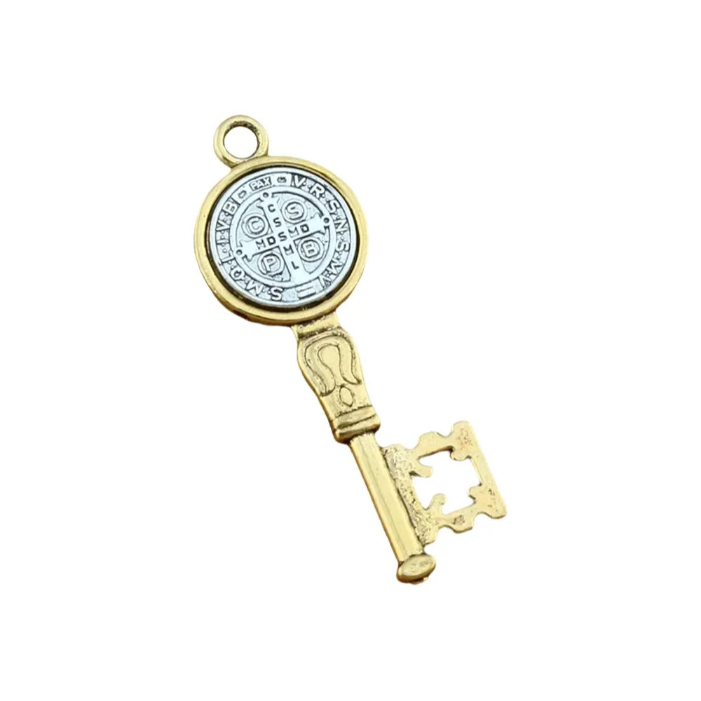 50Pcs Alloy Saint Benedict Medal Cross Key Charm Pendants DIY Religious Christmas Jewelry 14.5X42MM A-577
