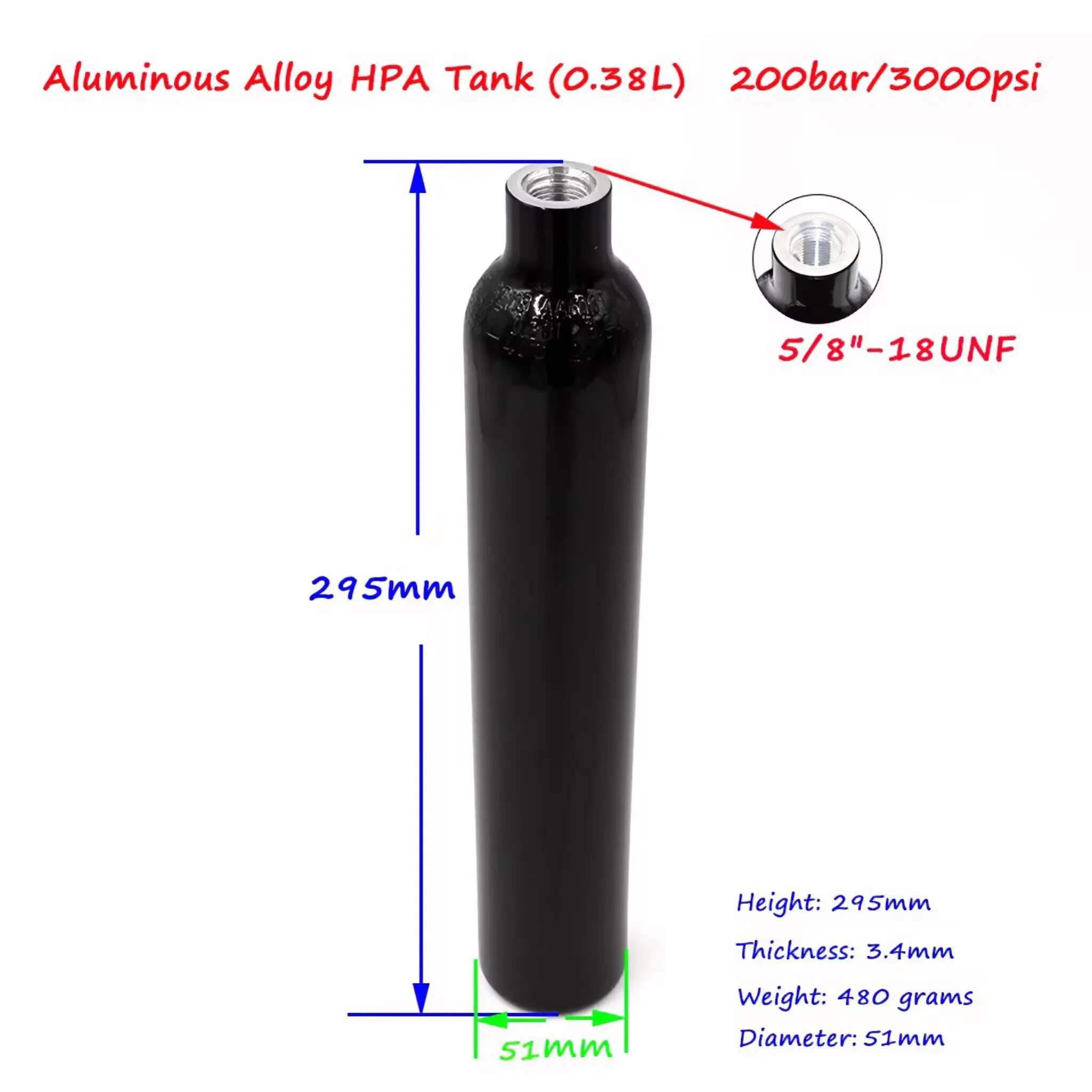 Cylinder do nurkowania, zbiornik aluminiowy, butla wysokociśnieniowa, gwint 5/8 "-18UNF, 3000 psi, 380 cm3, 0,38 l