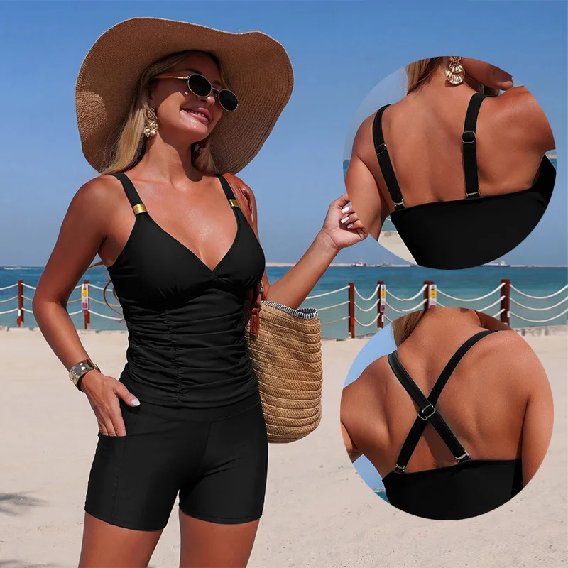 

Women's Green Black V Neck Pleated Tankini Set 2026 High Waist Two Piece Swimsuit with Pocket Short Beach Bathing Suit Swimwear