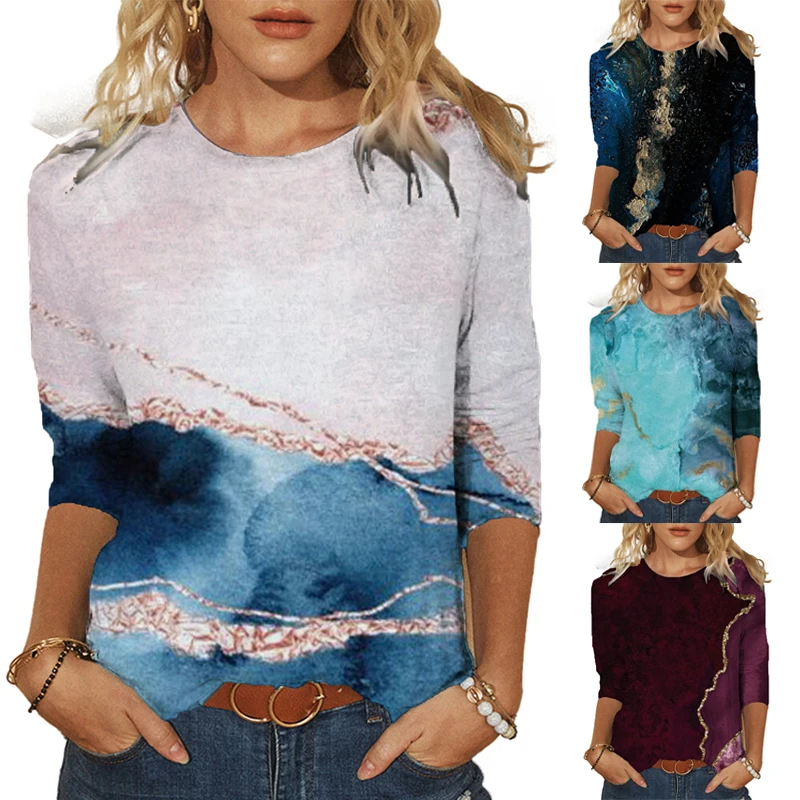 Plus Size New Women Landscape Painting T-shirt 3/4 Sleeve Shirt Casual Vintage Print Top Blouse O-Neck Pullover Loose Streetwear