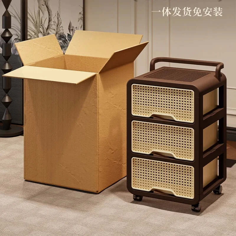 Multi-Layer Imitation Rattan Storage Cart with Drawers Mobile Snack Rack Organizer for Living Room Kitchen Trolley