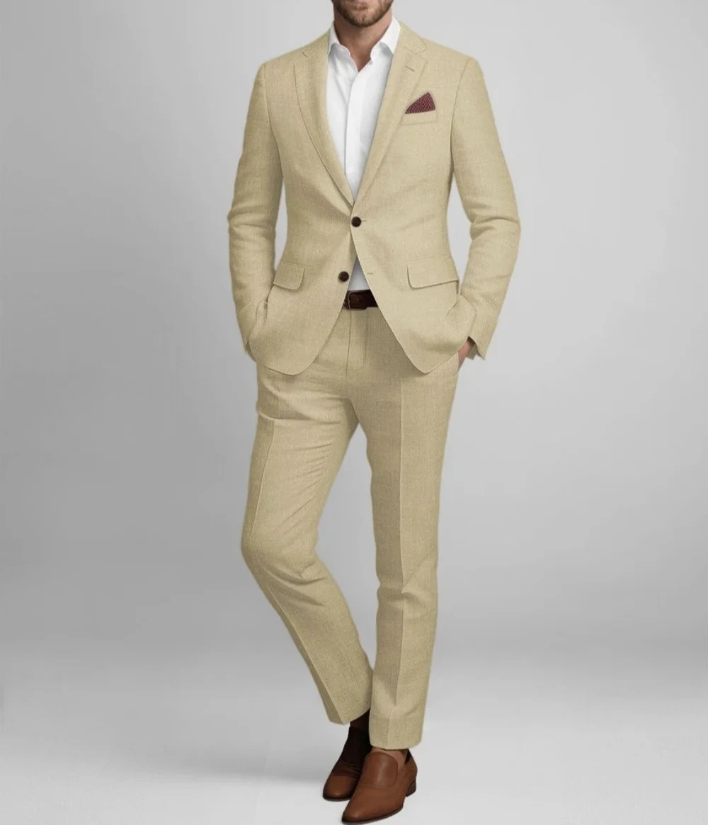 Refined Beige Linen Mens Formal 2Pcs Suit With Slim Cut Blazer And Matching Trousers Elegant Business And Wedding Attire For Men
