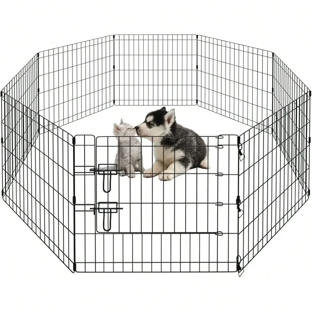 

Foldable Metal Wire Dog Pen Pet Playpen For Puppy Exercise, 8 Panels 24 Inch With Bottom Pad And Top Cover Black Ideal For Indo