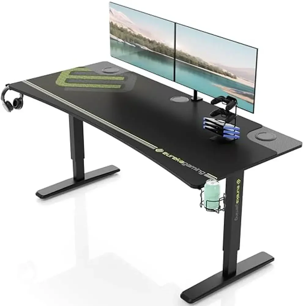 

63" Adjustable Height Gaming Desk Large Space 3 Monitor Curved Edge Mouse Pad Cable Management Cup Holder Headset Hook Game Disc