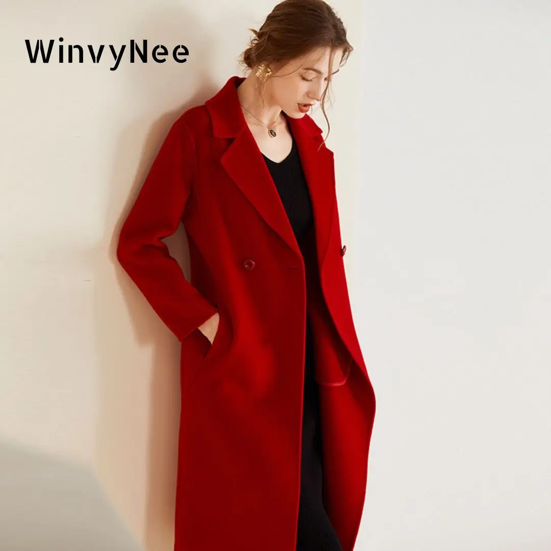 WinvyNee Women Long Wool Coats V Neck Double-sided Overcoats Women\'s Long Length Lapel Woolen Coats for Women Winter H1343017