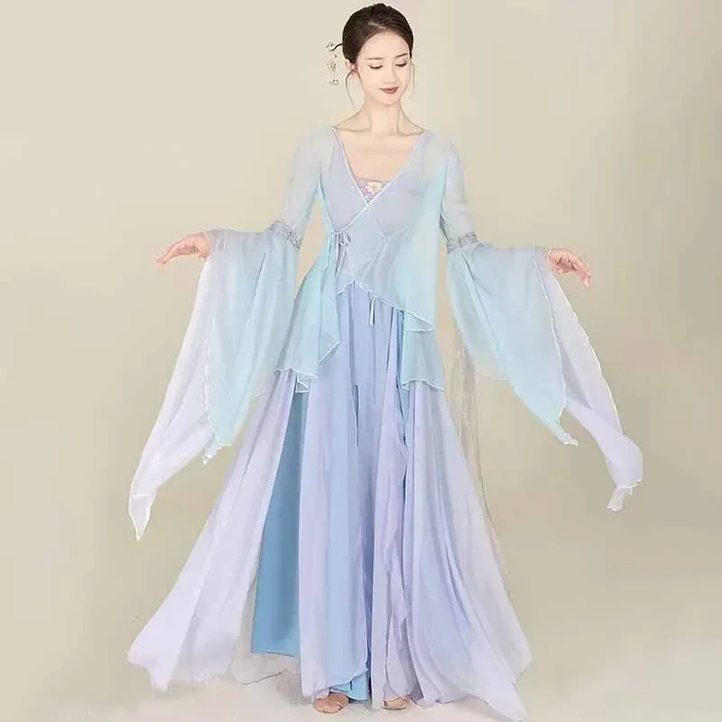 Klassische Tänzerin-Performance-Kostüme, Chiffon-Strickjacke, Übungstanzkleidung, Körperreim, lange äußere Volkstanz im chinesischen Stil