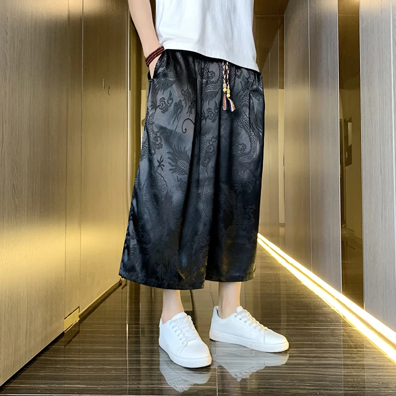 

Men's Summer Thin Ice Silk Loose Fit Dragon Pattern k Flower Seven-Foot Pants Straight Leg Casual orts Youth Energy Sle