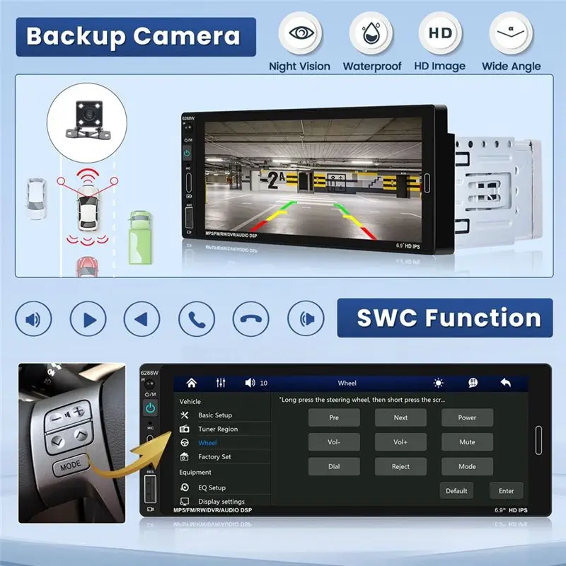 

Excellent-6.9 Inch Wireless Carplay Car Stereo Single Din Touchscreen Car Radio, Android Auto Bluetooth Mirror Link FM Mic SWC E
