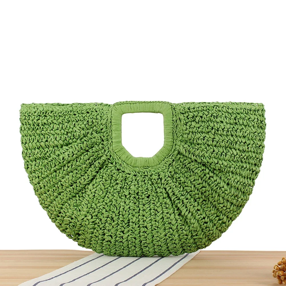 

Women Handmade Straw Tote Bag Large Capacity Bohemia Moon Handbag Solid Color Half-Moon Straw Handbag Summer Beach Bag