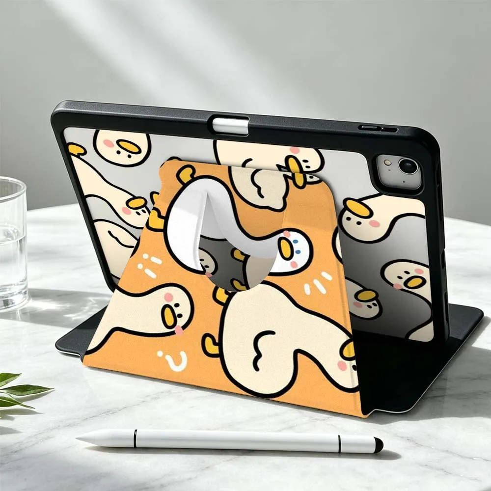 Fun Duck Pattern Soft For iPad Pro Air mini 6 5 4 12th M5 M4 M3 M2 A16 A17Pro 360° Rotation Stylus Storage Tablet Case