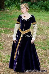 Purple 14th Century Medieval Prom Gown Velvet and Silk Cotehardie Long Sleeve Lace Buttons Gothic Cosplay Evening Dress