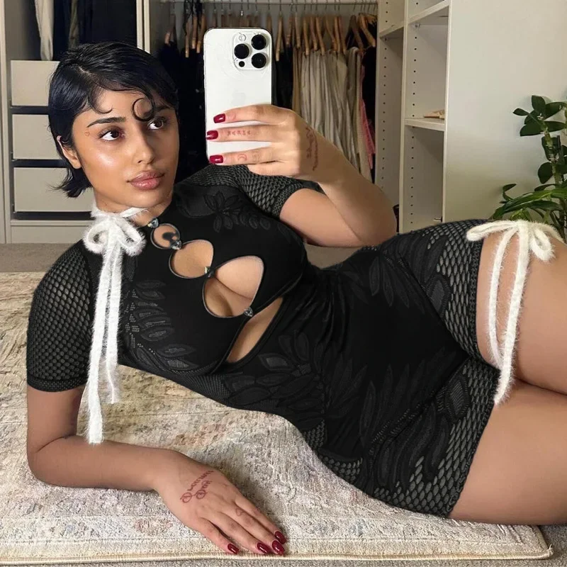 Women Sexy Print Hollow Out Playsuits O-Neck Short Sleeve Skinny One Piece Rompers 2024 Summer Coqutte Nighclub Outfits