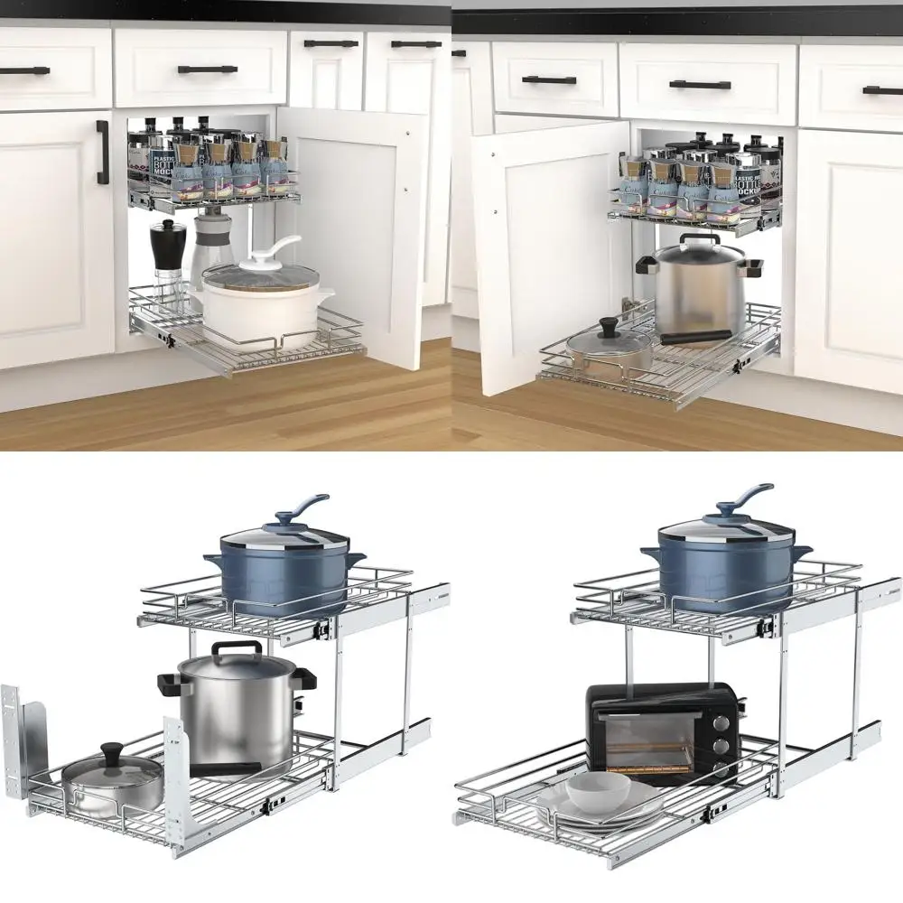 

23-дюймовый широкий двухуровневый выдвижной органайзер для шкафа из прочного металла, хромированная отделка