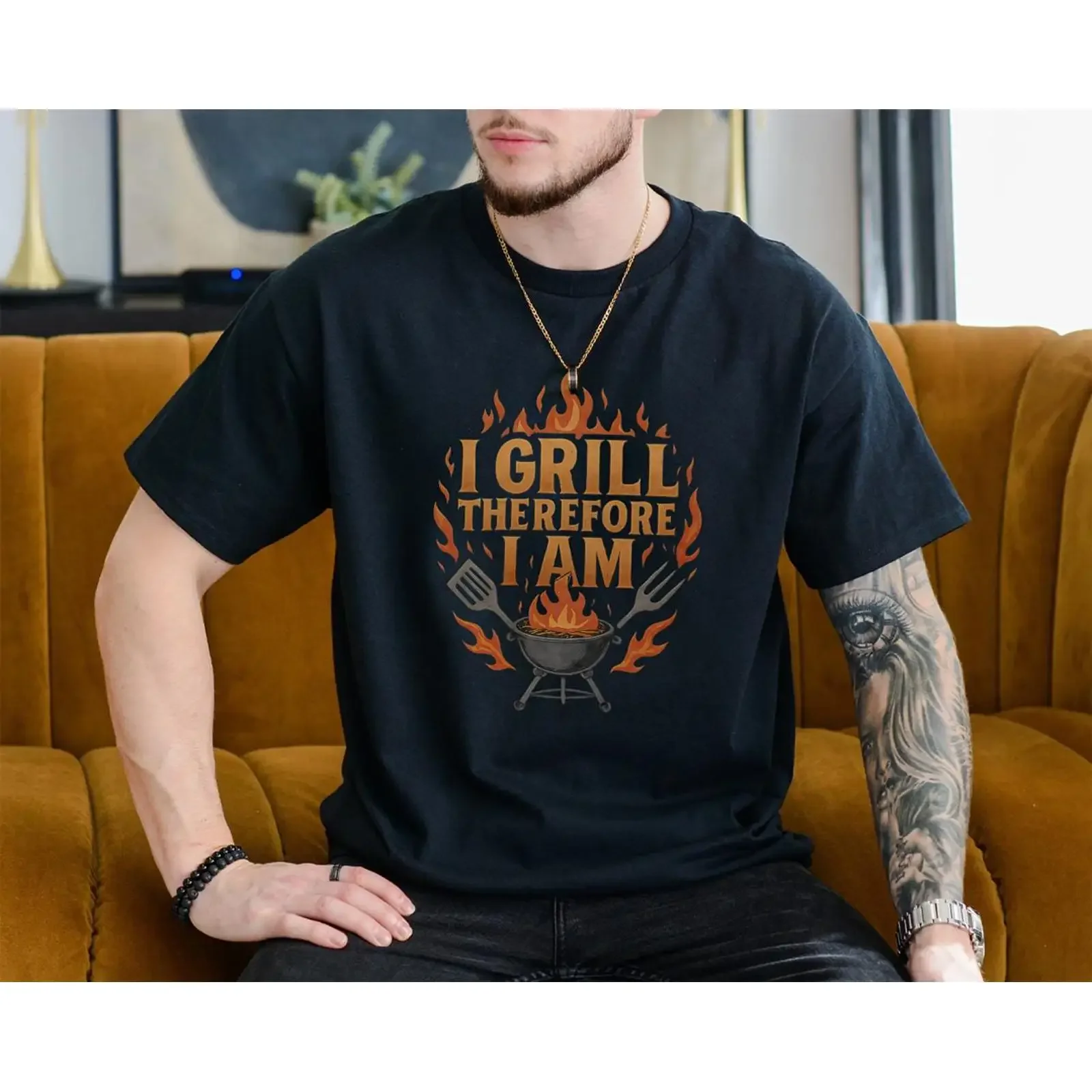 I Grill Therefore Am Funny BBQ Grillmaster T Shirt Father's Day for Dad Meat Lovers Backyard Cooking vintage Washed Unisex