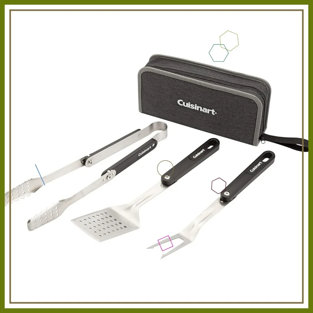 

4-Piece Folding Grill Tool Set with Spatula, Tongs, Fork & Carrying Case for Easy Outdoor Cooking