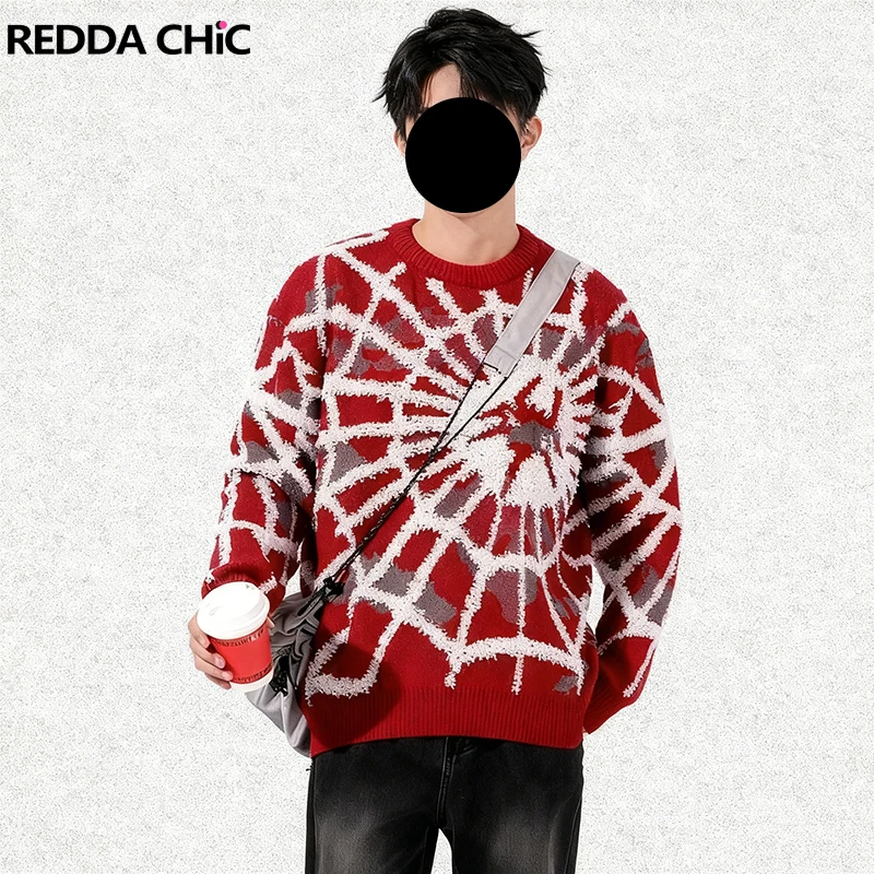 

REDDACHIC Retro Spider Web Knit Sweater for Men Oversize Long Sleeves Crew Neck Warm Jumper Top Lounge Hip Hop Everyday Wear