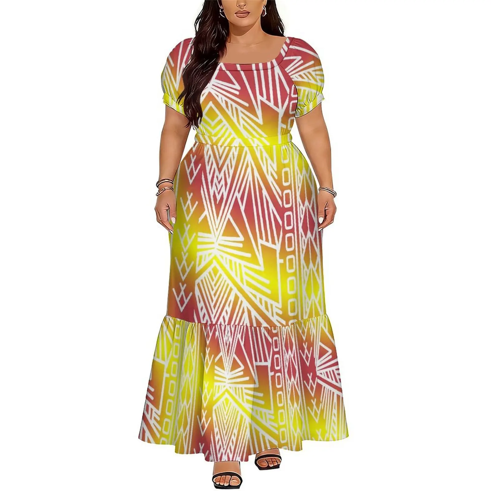 Elegant And High-Quality  Women Puletasi Dress An Ankle-Length Dress With A Square Neckline The Top Choice For Parties