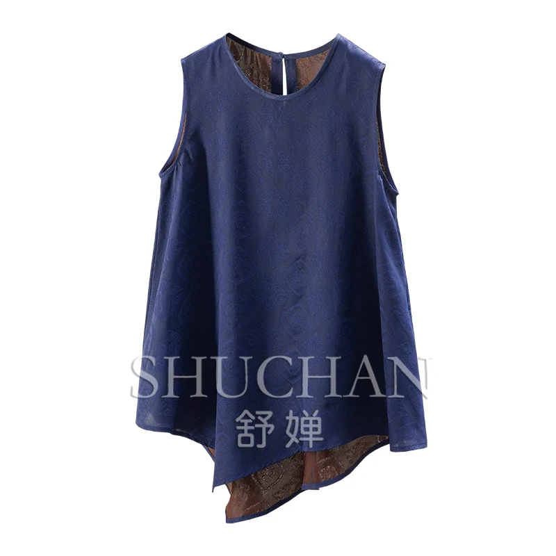 2025 Luxury Sapphire Blue Heavy Silk Fragrant Cloud Yarn Jacquard Vest Shirt Women's 74B3 Blusas Mujer De Moda Verano