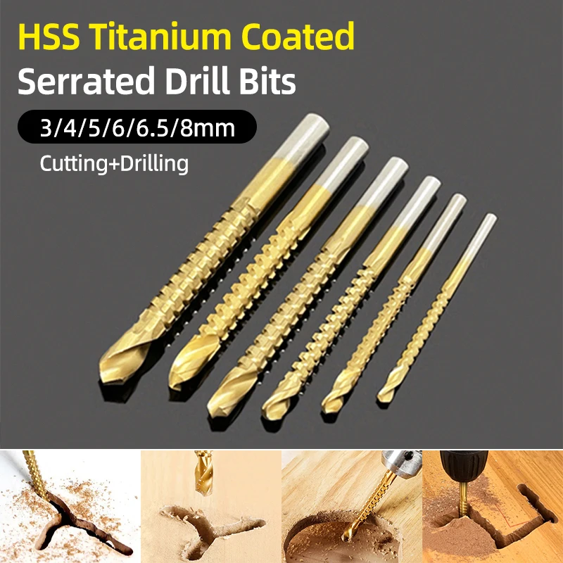 HSS Titanium Serrated Drill Bit Set 3/4/5/6/6.5/8mm Grooving Cutting Hole Saw Twist Drill Bits Round/Hex Shank Wood Metal Tools