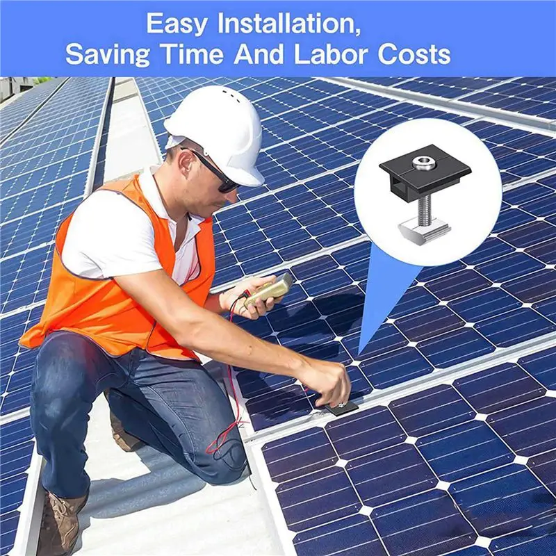 DT39 16 Pack 30mm Black T-Shaped Solar Panel Centre Clamp Aluminum Alloy Photovoltaic Adjustable for Solar PV Panel
