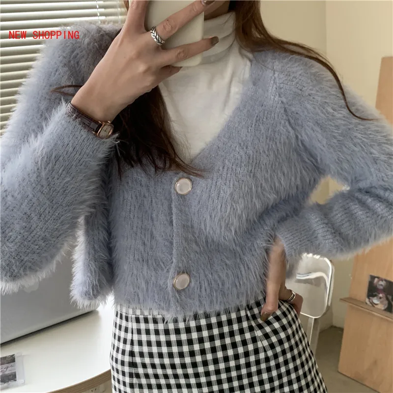 

2023 New Elegant Mohair Women Cardigans Autumn Argyle Sweaters Short V-neck Knitted Sweater Sweet All-match Coat Y2k Cardigan