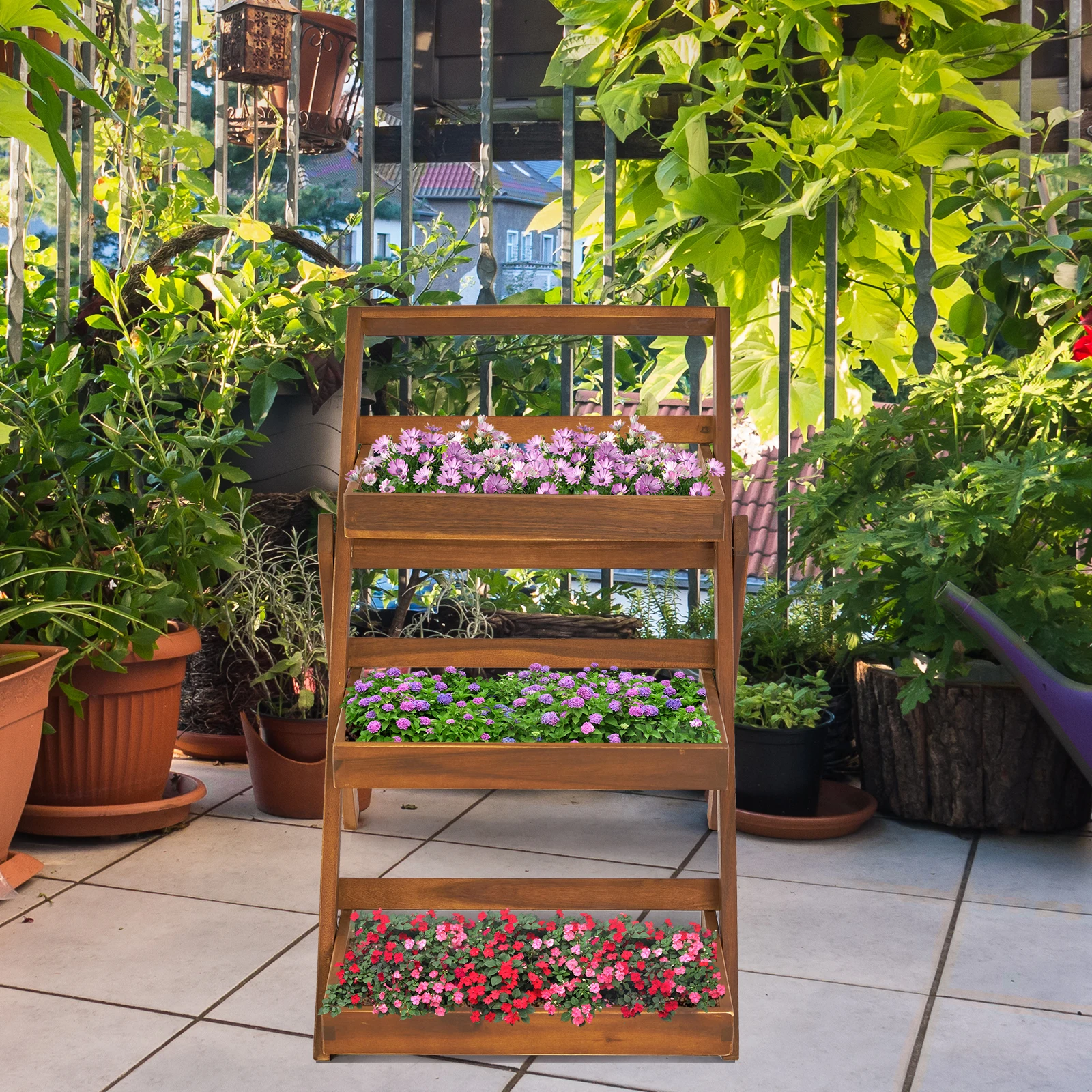 3-Tier Acacia Wood Plant Stand, Foldable Compact Indoor/Outdoor Display Rack for Plants and Decorative Items